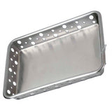 Rectangular stainless steel serving tray with rounded corners, featuring large circular holes evenly spaced along the sides. The smooth, reflective surface is tilted at an angle and is dishwasher safe for easy cleaning.