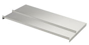 A photo of two rectangular, flat, stainless steel shelves with raised side edges, stacked together. The shelves have a smooth, shiny, silver finish and are oriented at an angle on a plain white background.