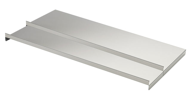 A photo of two rectangular, flat, stainless steel shelves with raised side edges, stacked together. The shelves have a smooth, shiny, silver finish and are oriented at an angle on a plain white background.