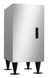 A stainless steel cabinet with a plain door, vertical black handle, and small lock. Ideal as an equipment stand, it stands on four wide, black, conical legs. The minimalist design is perfect for modern spaces; background is plain white.