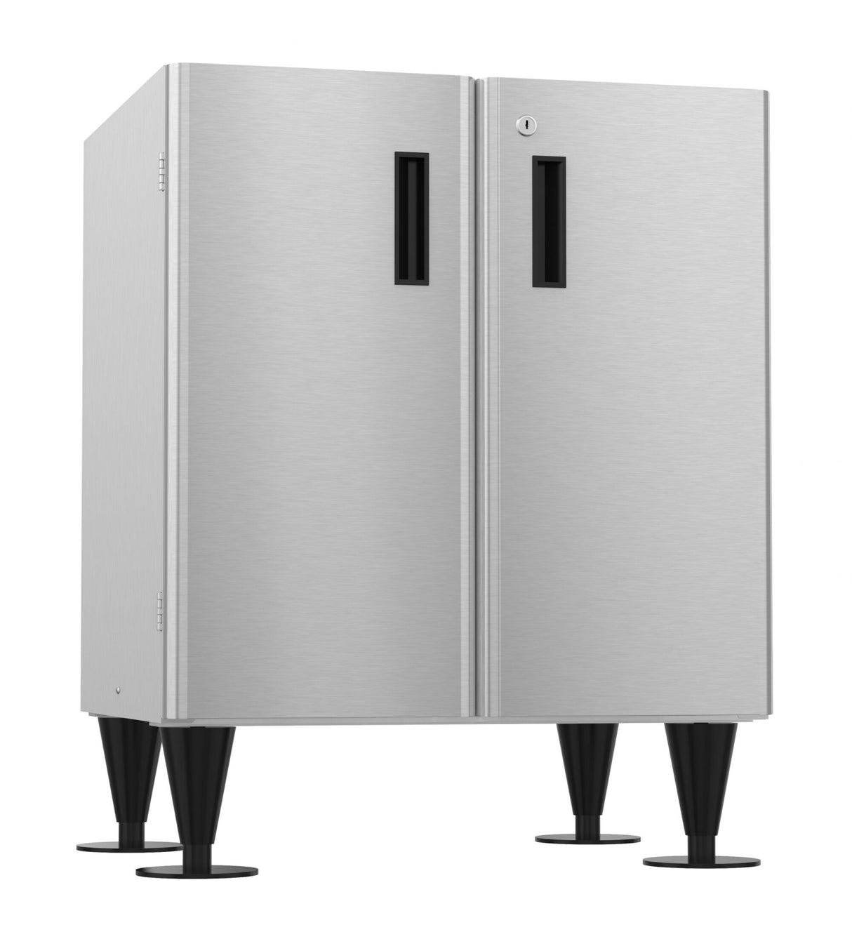 The Hoshizaki SD-500 is a modern, minimalist stainless steel cabinet with two vertical doors and rectangular black handles. It stands on four tall, angled legs with wide round bases—ideal as an icemaker equipment stand for any sleek space.