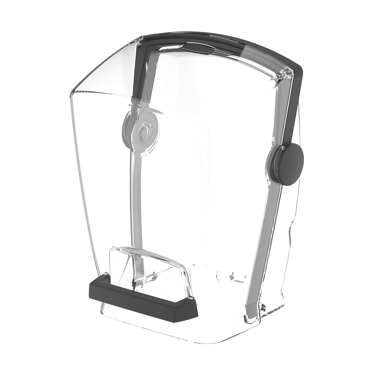 A clear, hard plastic MX blenders pitcher with a black handle, base, and lid components. The empty container stands upright, showing curved sides and a spout for pouring. Two large black knobs are visible on each side.