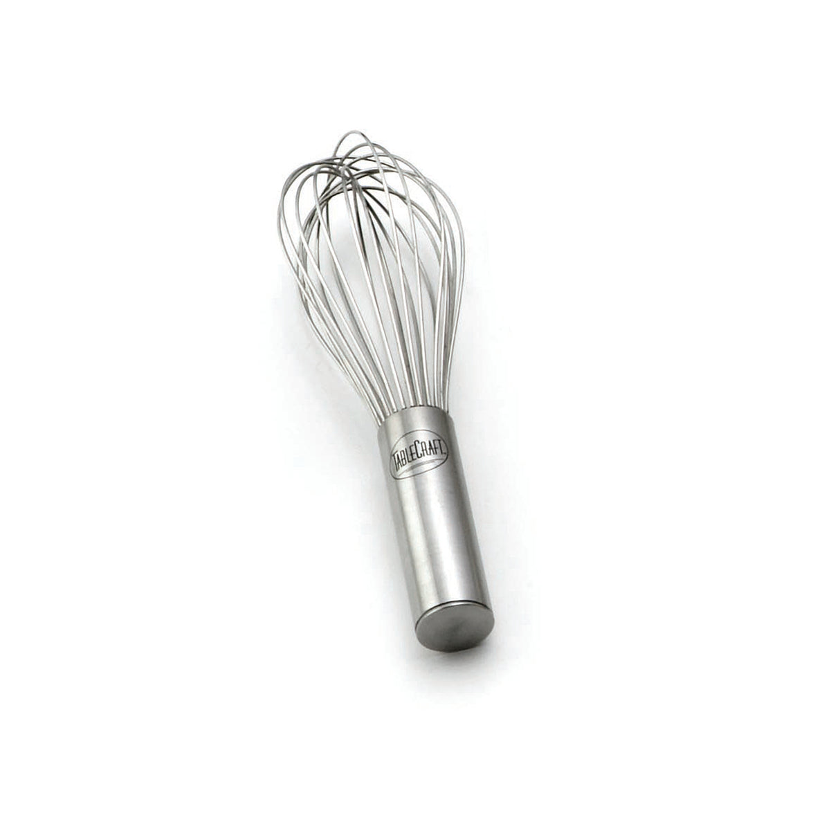 A TableCraft French Whip made of stainless steel, with a brushed cylindrical handle, is positioned diagonally on a white background. The balloon-shaped wires are perfect for mixing or whipping ingredients.
