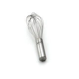 A TableCraft French Whip made of stainless steel, with a brushed cylindrical handle, is positioned diagonally on a white background. The balloon-shaped wires are perfect for mixing or whipping ingredients.