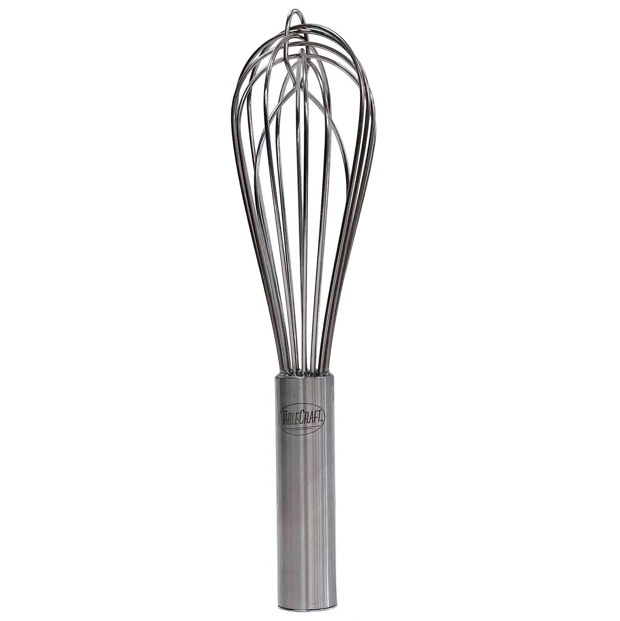 A TableCraft French Whip with a stainless steel cylindrical handle and looped metal wires stands upright against a white background. The handle features a logo engraving, making this clean, reflective whisk ideal for mixing or beating cooking ingredients.