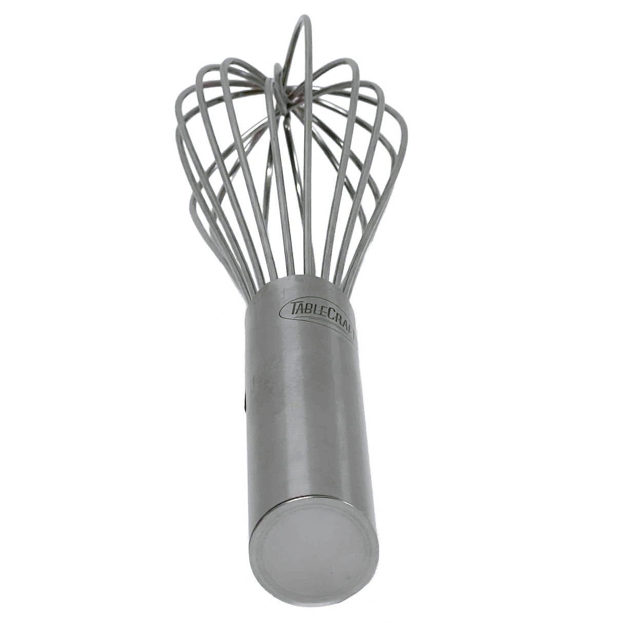 A stainless steel French Whip with a cylindrical handle stands upright. The brand TABLECRAFT is engraved on the handle. Multiple wire loops form a balloon shape, perfect for mixing or beating ingredients, and it's dishwasher safe for easy cleanup.