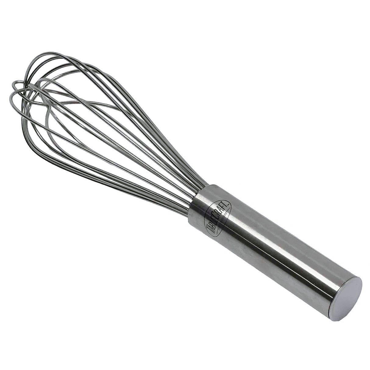 A TableCraft stainless steel French Whip with a cylindrical handle and rounded wire loops is placed diagonally on a white background. The smooth, shiny handle features a logo printed near the top.