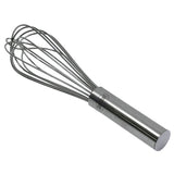 A TableCraft stainless steel French Whip with a cylindrical handle and rounded wire loops is placed diagonally on a white background. The smooth, shiny handle features a logo printed near the top.