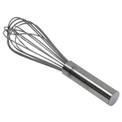 A TableCraft stainless steel French Whip with a cylindrical handle and rounded wire loops is placed diagonally on a white background. The smooth, shiny handle features a logo printed near the top.