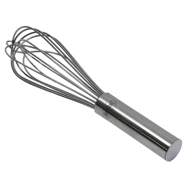 A TableCraft stainless steel French Whip with a cylindrical handle and rounded wire loops is placed diagonally on a white background. The smooth, shiny handle features a logo printed near the top.