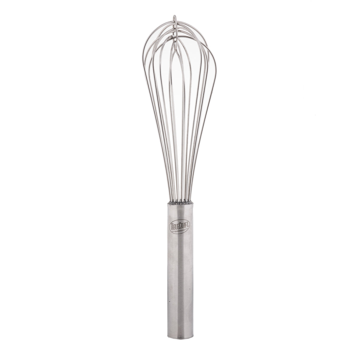 A stainless steel French Whip with a cylindrical handle and multiple looped wires stands upright against a white background. The handle has a small engraved or embossed logo near the top and is dishwasher safe for easy cleaning.
