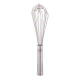 A stainless steel French Whip with a cylindrical handle and multiple looped wires stands upright against a white background. The handle has a small engraved or embossed logo near the top and is dishwasher safe for easy cleaning.