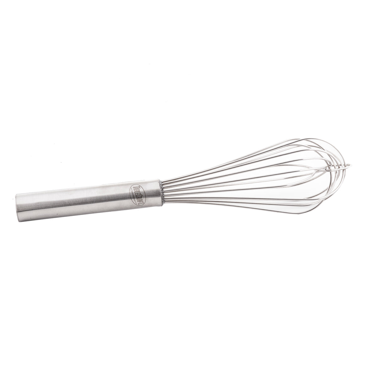A stainless steel French Whip with a cylindrical handle and balloon-shaped loops, positioned diagonally on a plain white background. The whisk is clean, simple, dishwasher safe, and designed for mixing or whipping ingredients in cooking.