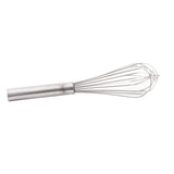 A stainless steel French Whip with a cylindrical handle and balloon-shaped loops, positioned diagonally on a plain white background. The whisk is clean, simple, dishwasher safe, and designed for mixing or whipping ingredients in cooking.