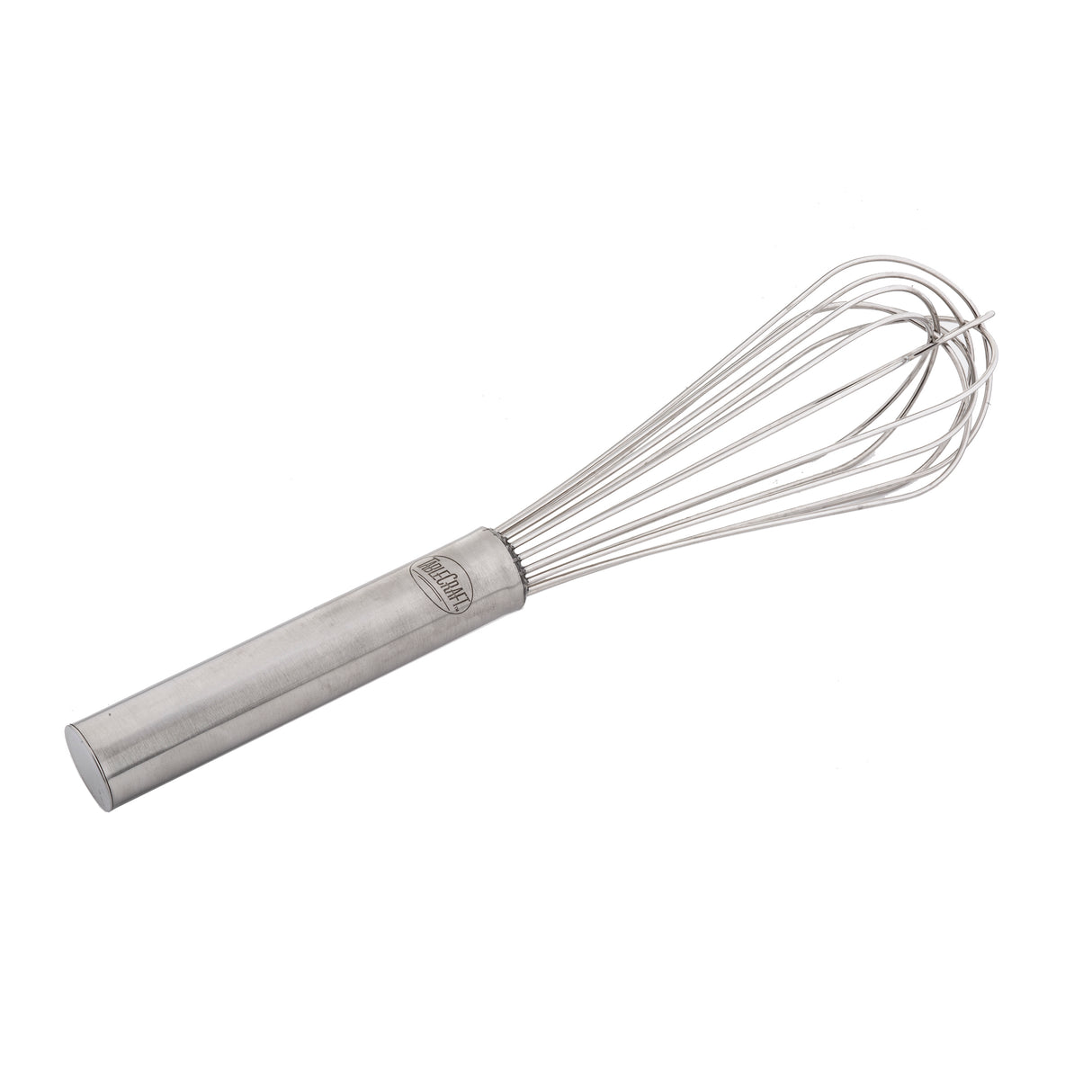 A stainless steel French Whip with a cylindrical handle and multiple thin, looping wires forms a balloon shape at the end; this whisk is dishwasher safe and set against a plain white background.