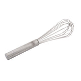 A stainless steel French Whip with a cylindrical handle and multiple thin, looping wires forms a balloon shape at the end; this whisk is dishwasher safe and set against a plain white background.