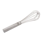 A stainless steel French Whip with a cylindrical handle and multiple thin, looping wires forms a balloon shape at the end; this whisk is dishwasher safe and set against a plain white background.