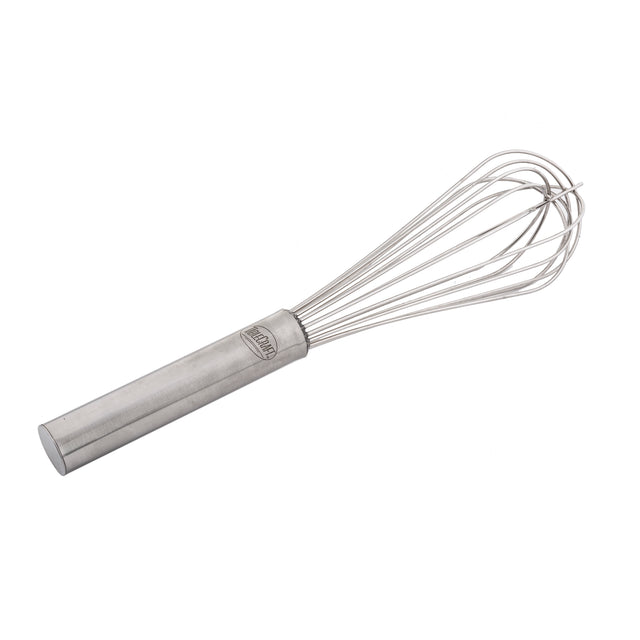 A stainless steel French Whip with a cylindrical handle and multiple thin, looping wires forms a balloon shape at the end; this whisk is dishwasher safe and set against a plain white background.