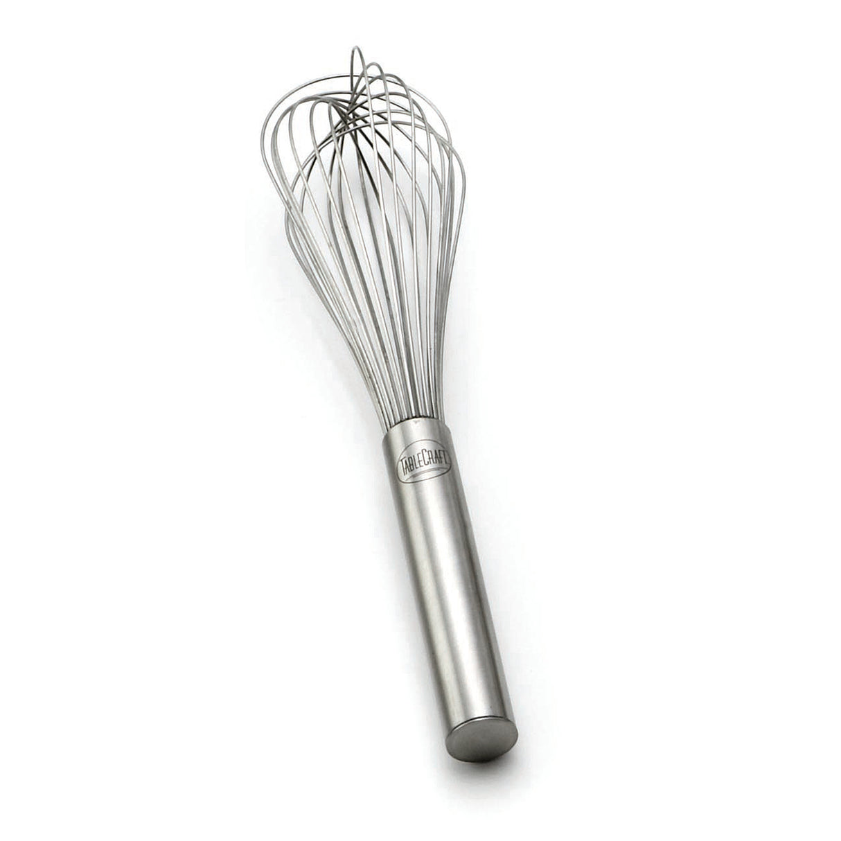 A TableCraft French Whip made of stainless steel, featuring a cylindrical handle and multiple thin, looping wires forming a balloon shape at the top, rests on a white background.