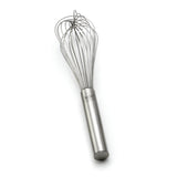 A TableCraft French Whip made of stainless steel, featuring a cylindrical handle and multiple thin, looping wires forming a balloon shape at the top, rests on a white background.