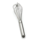 A TableCraft French Whip made of stainless steel, featuring a cylindrical handle and multiple thin, looping wires forming a balloon shape at the top, rests on a white background.