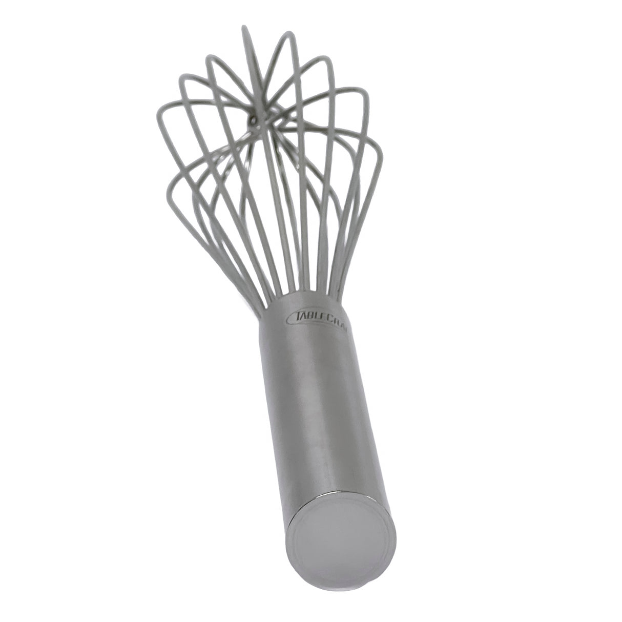 A TableCraft stainless steel French Whip with a cylindrical handle and wire loops fanned out at the top for mixing or whisking ingredients, photographed against a white background.