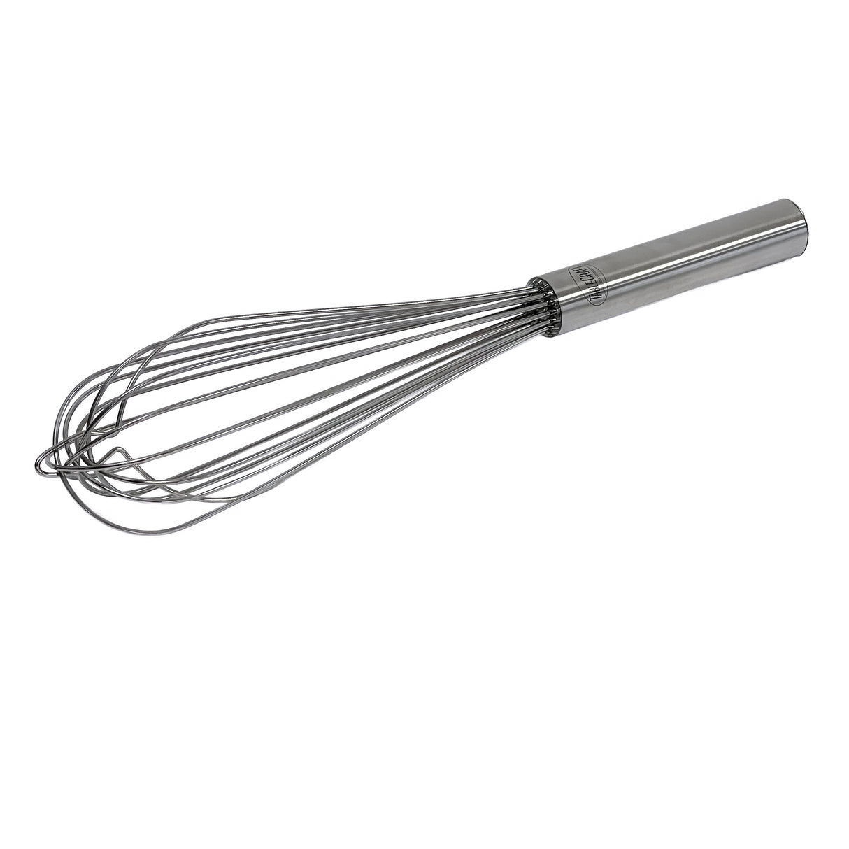 A stainless steel French Whip with a cylindrical handle and wire loops, shown on a white background. The evenly spaced wires converge at the handle, forming a balloon shape ideal for mixing or beating ingredients. TableCraft quality ensured.