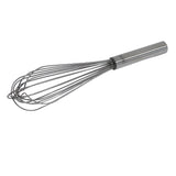 A stainless steel French Whip with a cylindrical handle and wire loops, shown on a white background. The evenly spaced wires converge at the handle, forming a balloon shape ideal for mixing or beating ingredients. TableCraft quality ensured.
