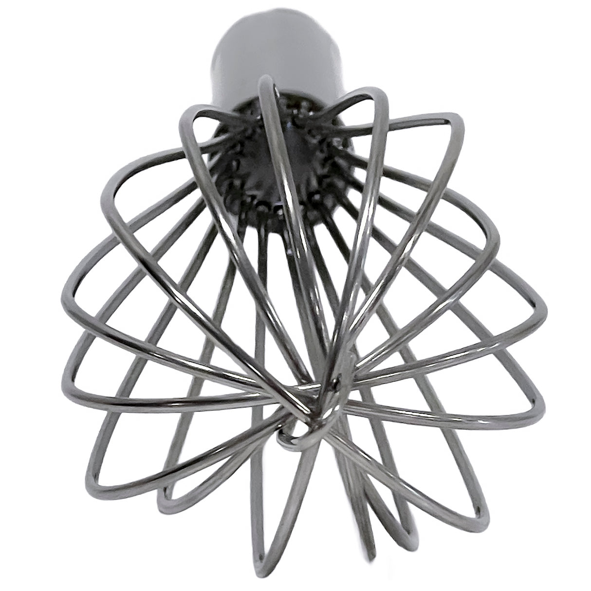 A stainless steel whisk is shown from a top-down angle. Its wire loops fan out in a radial, balloon-like shape, creating symmetry. The shiny French Whip appears clean against a white background.