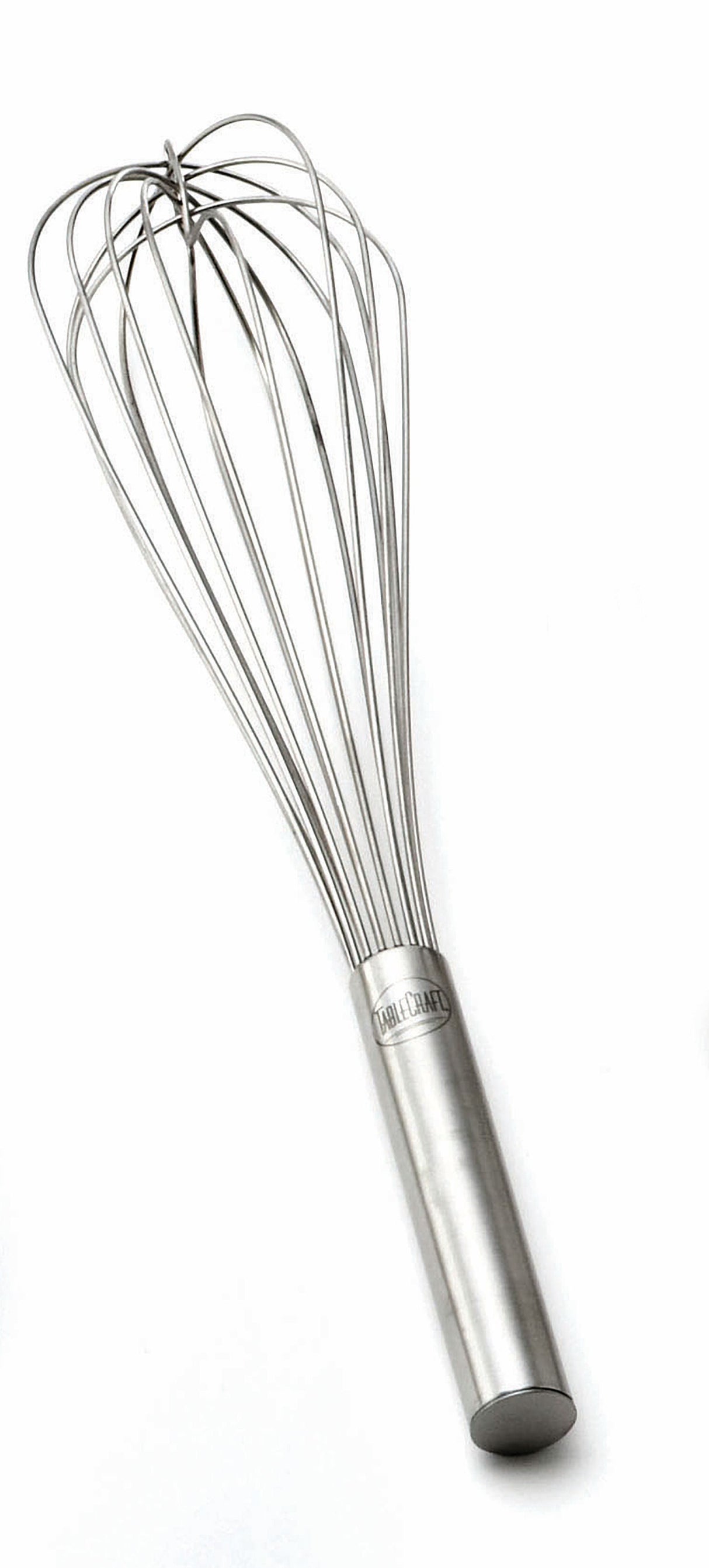 A stainless steel French Whip with a cylindrical handle is pictured on a white background. The whisk has multiple thin, curved wires forming a balloon shape, ideal for mixing and whipping ingredients. It is also dishwasher safe for easy cleaning.