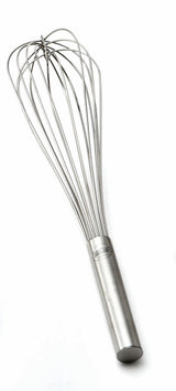 A stainless steel French Whip with a cylindrical handle is pictured on a white background. The whisk has multiple thin, curved wires forming a balloon shape, ideal for mixing and whipping ingredients. It is also dishwasher safe for easy cleaning.