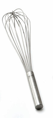 A stainless steel French Whip with a cylindrical handle is pictured on a white background. The whisk has multiple thin, curved wires forming a balloon shape, ideal for mixing and whipping ingredients. It is also dishwasher safe for easy cleaning.
