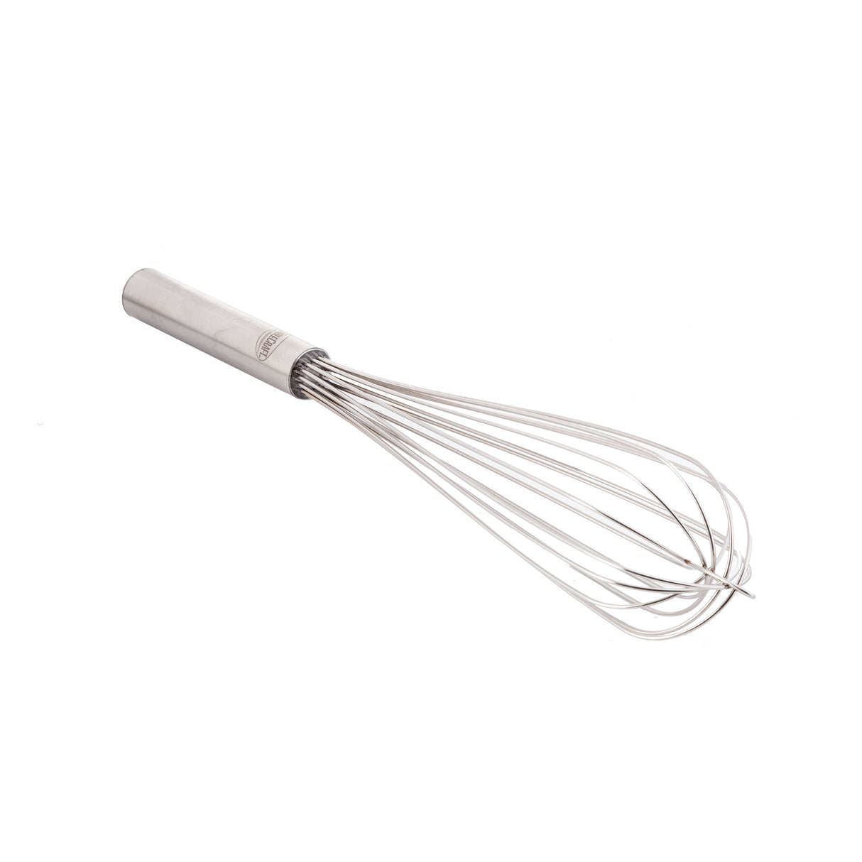 A stainless steel French Whip with a cylindrical handle is shown on a white background. Its thin, curved wires form an elongated balloon shape, ideal for mixing or beating ingredients in cooking and baking. Dishwasher safe for easy cleanup.