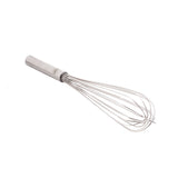 A stainless steel French Whip with a cylindrical handle is shown on a white background. Its thin, curved wires form an elongated balloon shape, ideal for mixing or beating ingredients in cooking and baking. Dishwasher safe for easy cleanup.