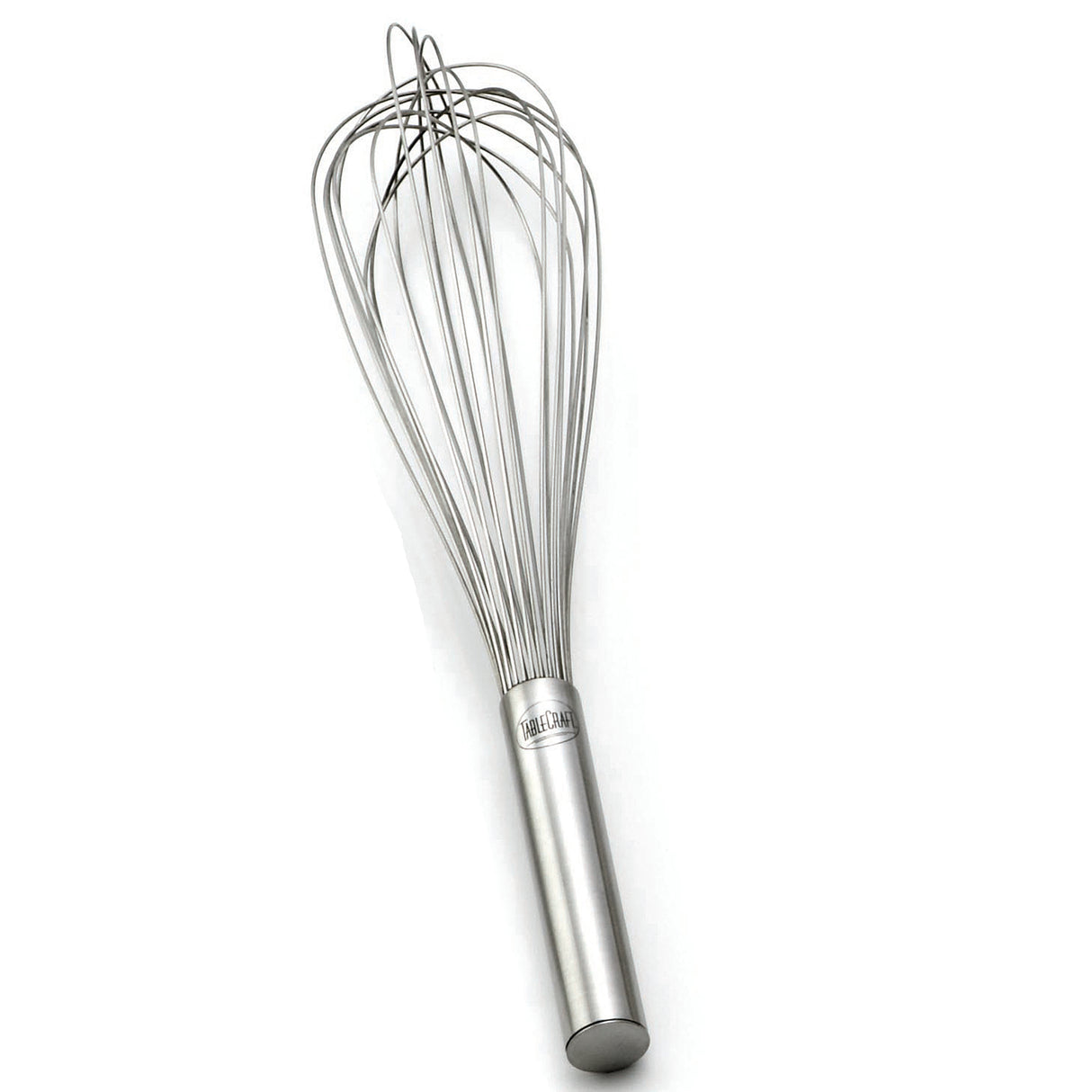 A stainless steel French Whip balloon whisk lies on a white background. It features a cylindrical handle with a small engraved logo and thin, curved wire loops for whipping or mixing. This whisk is also dishwasher safe for easy cleaning.