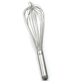 A stainless steel French Whip balloon whisk lies on a white background. It features a cylindrical handle with a small engraved logo and thin, curved wire loops for whipping or mixing. This whisk is also dishwasher safe for easy cleaning.