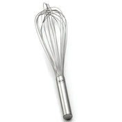 A stainless steel French Whip balloon whisk lies on a white background. It features a cylindrical handle with a small engraved logo and thin, curved wire loops for whipping or mixing. This whisk is also dishwasher safe for easy cleaning.