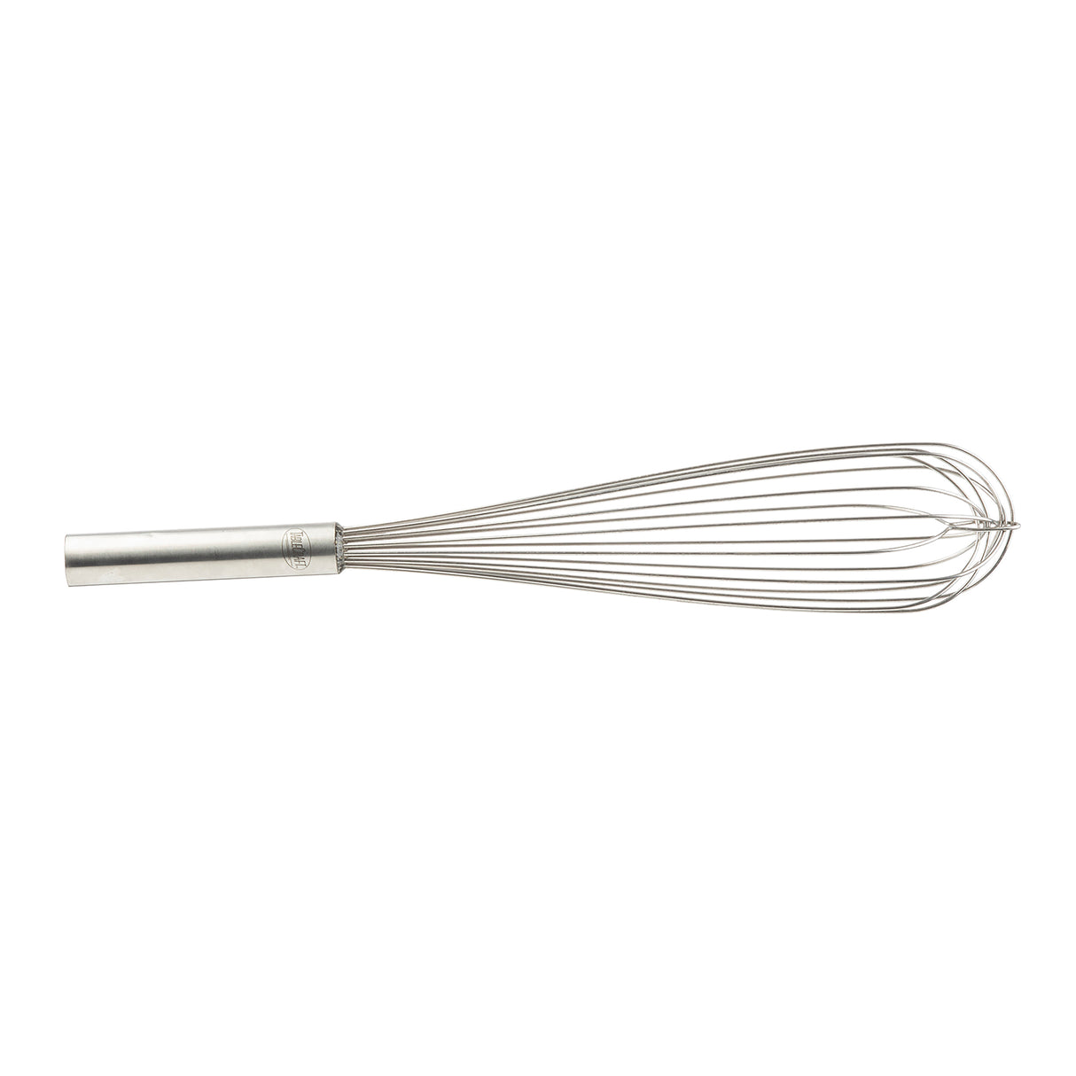 A TableCraft French Whip featuring a stainless steel cylindrical handle and looped wires forming a balloon shape, lying horizontally on a white background.