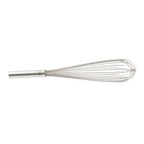 A TableCraft French Whip featuring a stainless steel cylindrical handle and looped wires forming a balloon shape, lying horizontally on a white background.