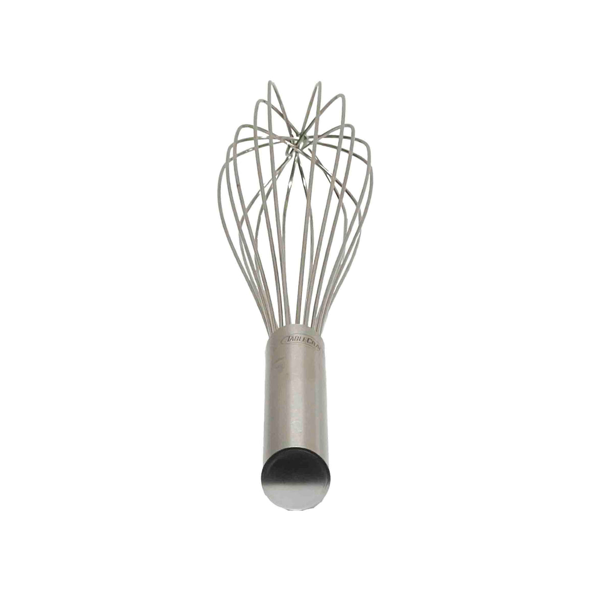 A stainless steel French Whip balloon whisk is viewed from the front, showing its cylindrical handle and multiple wire loops fanning out in a rounded shape. The whisk, dishwasher safe, is isolated on a white background.