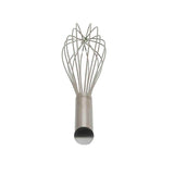 A stainless steel French Whip balloon whisk is viewed from the front, showing its cylindrical handle and multiple wire loops fanning out in a rounded shape. The whisk, dishwasher safe, is isolated on a white background.