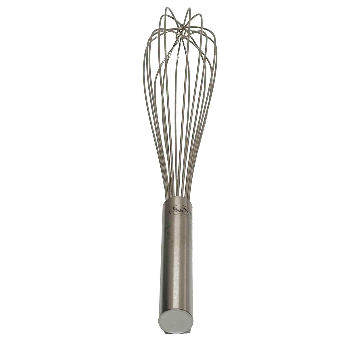 A stainless steel French Whip with a cylindrical handle and balloon-shaped wire loops, perfect for mixing or whipping. The whisk stands upright on a white background and is dishwasher safe for easy cleaning.