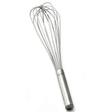 A TableCraft French Whip made of stainless steel features a cylindrical handle and multiple looped, thin wires forming a balloon shape, perfect for mixing or whipping ingredients. The whisk is positioned diagonally on a white background.