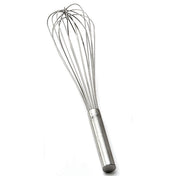 A TableCraft French Whip made of stainless steel features a cylindrical handle and multiple looped, thin wires forming a balloon shape, perfect for mixing or whipping ingredients. The whisk is positioned diagonally on a white background.