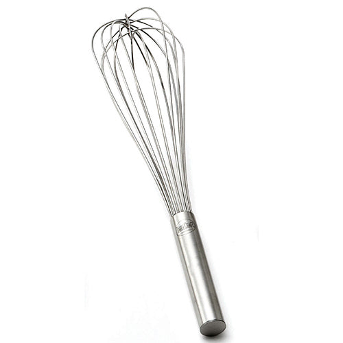 A TableCraft French Whip made of stainless steel features a cylindrical handle and multiple looped, thin wires forming a balloon shape, perfect for mixing or whipping ingredients. The whisk is positioned diagonally on a white background.