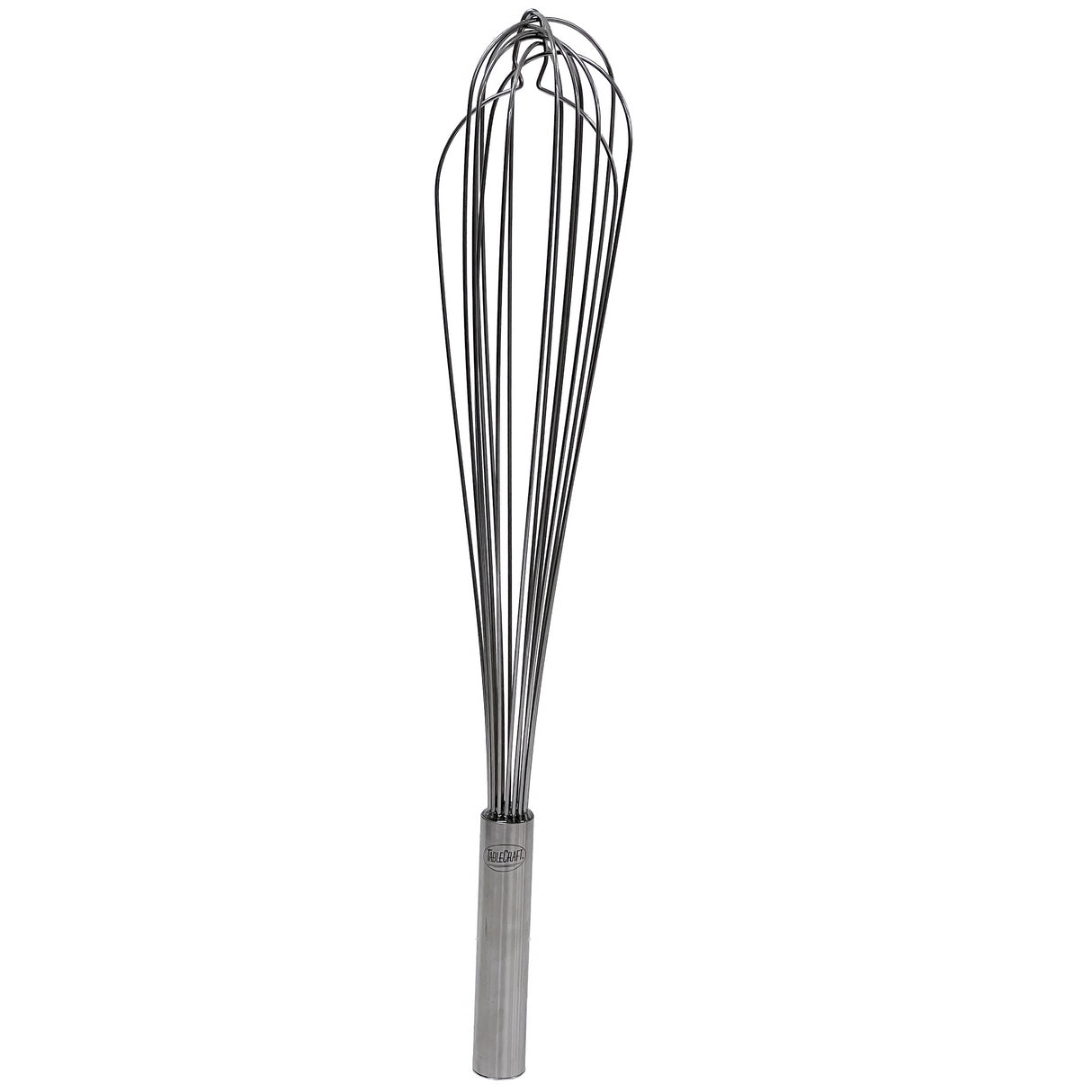 A TableCraft French Whip featuring a cylindrical handle and multiple thin, curved stainless steel wire loops fanning outward, used for mixing or whipping ingredients in cooking or baking. The background is plain and white.
