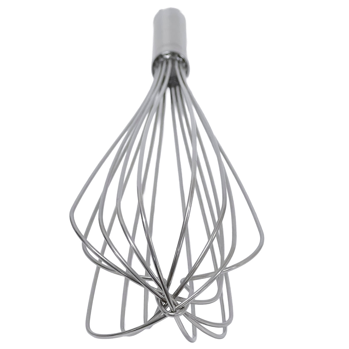 A stainless steel French Whip with a cylindrical handle is shown isolated on a white background. The whisk’s wires are curved and looped, converging at the handle and spreading out at the base for mixing or beating ingredients.