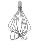 A stainless steel French Whip with a cylindrical handle is shown isolated on a white background. The whisk’s wires are curved and looped, converging at the handle and spreading out at the base for mixing or beating ingredients.