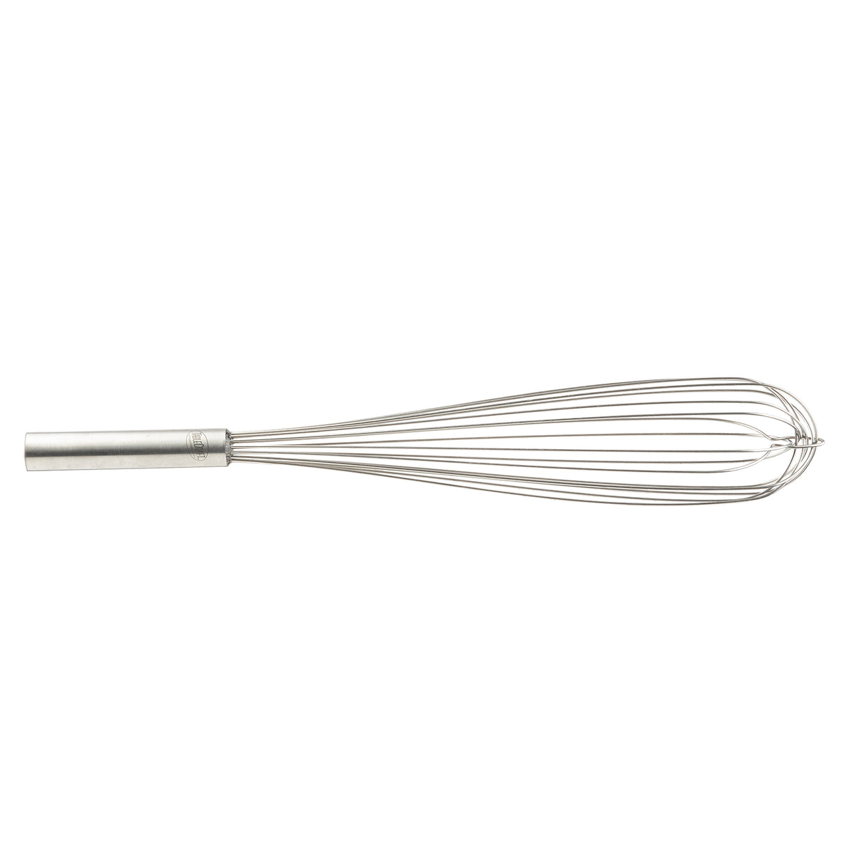 A TableCraft Products French Whip, crafted from stainless steel with a cylindrical handle and multiple looped wires forming a balloon shape, lies horizontally on a white background.