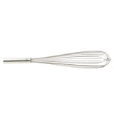 A TableCraft Products French Whip, crafted from stainless steel with a cylindrical handle and multiple looped wires forming a balloon shape, lies horizontally on a white background.